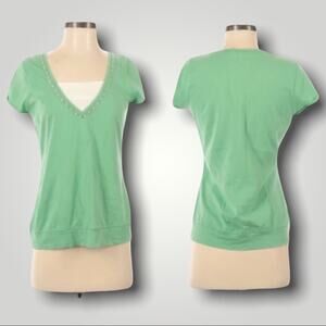 JB COLLECTIBLES COTTON SHORT SLEEVE BEADED Y2K BOHO SHIRT EMERALD GREEN - M